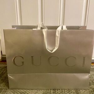 Gucci Metallic Silver Reusable Shopping Tote Gift Bag With Ribbon